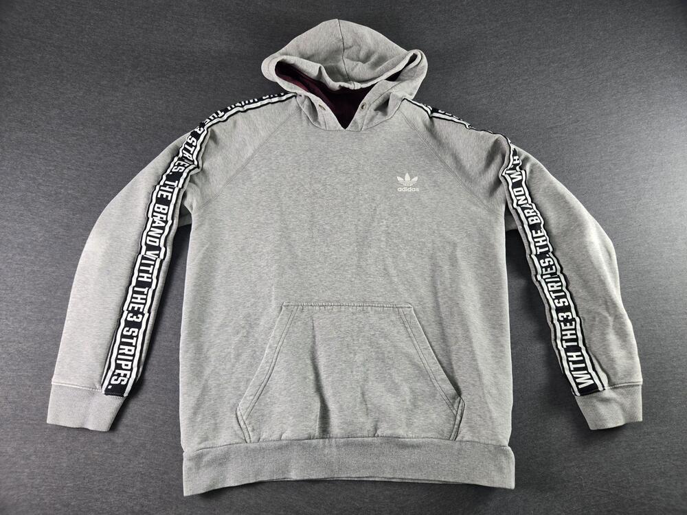 Adidas Originals Hoodie Mens Large Gray 3 Stripes Sleeve Fleece Pullover Logo